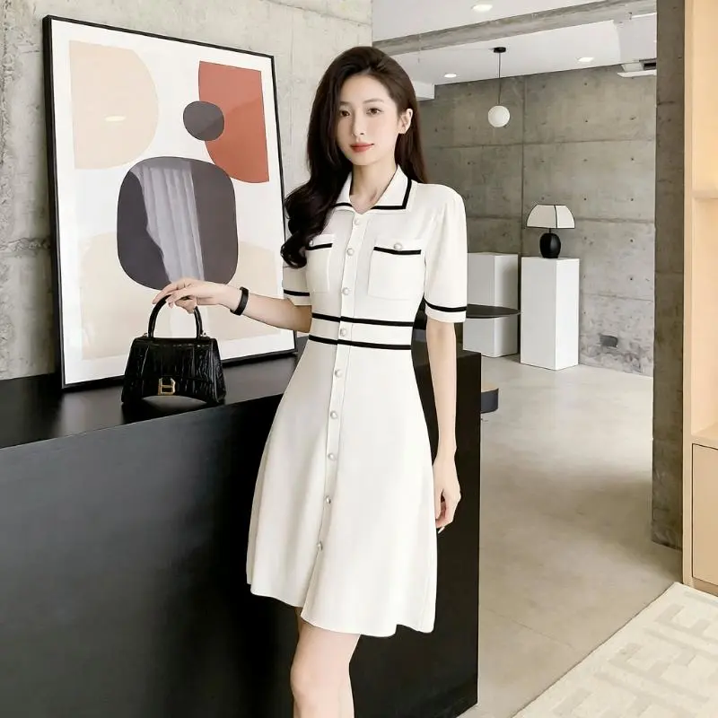 Summer new temperament white lapel short-sleeved slim high-waisted A-line skirt small fragrant ice s