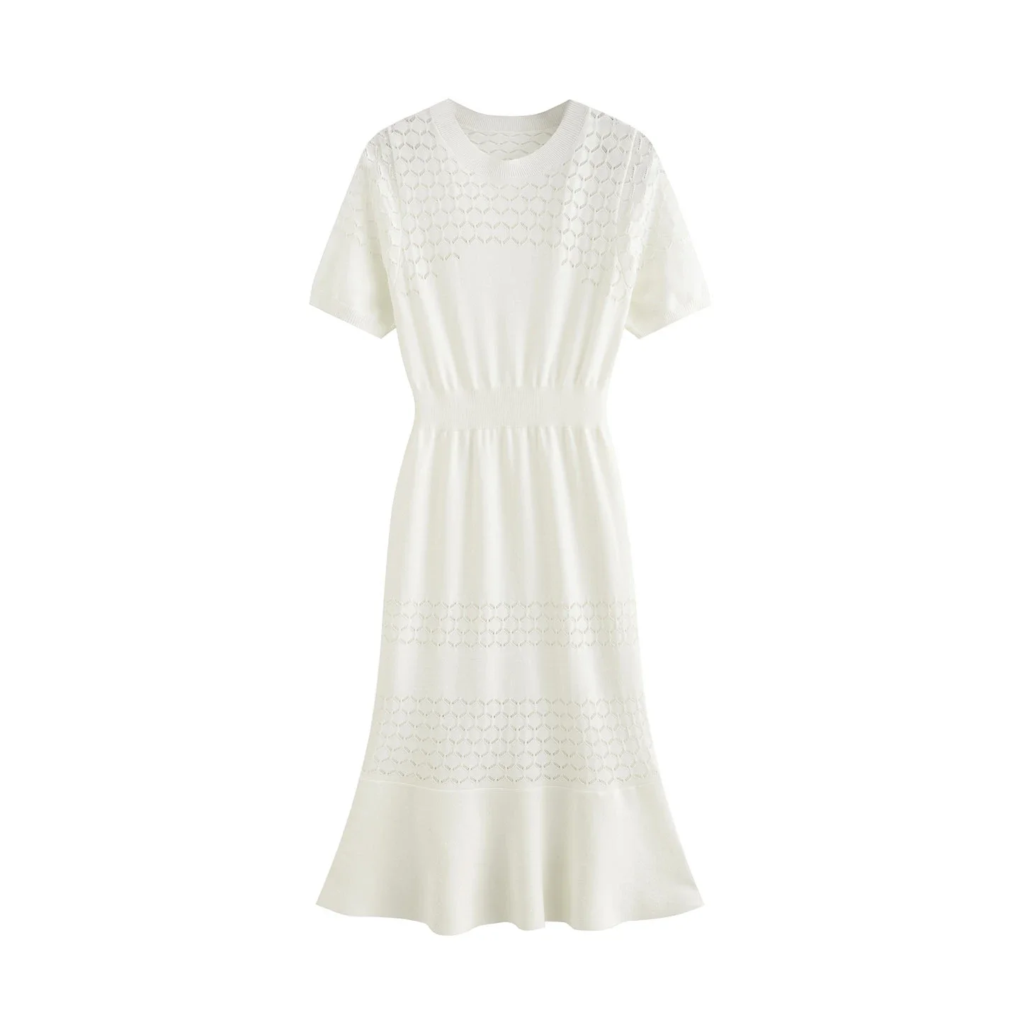Summer style round neck short-sleeved hollow ice silk knitted dress for women with small fragrant waist and mid-length fishtail skirt