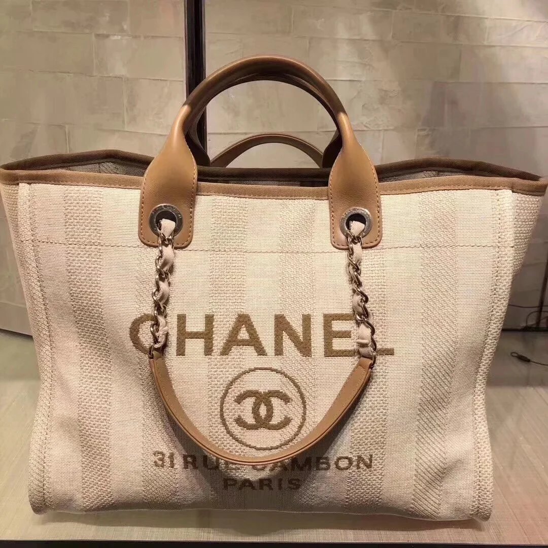 chanel/香奈儿 条纹拼色购物袋沙滩单肩手提包
