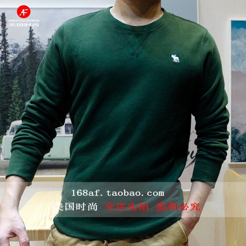 AF Hoodie Men's Long-Sleeve Fleece Crewneck Casual Solid Pullover with Deer Print - Green Autumn/Winter Sportswear