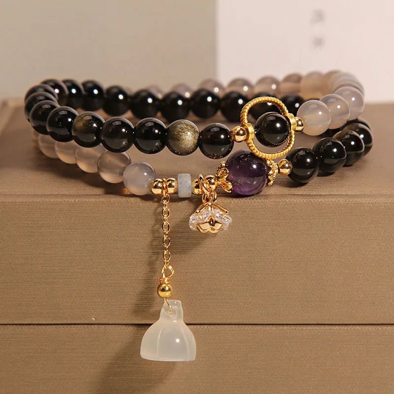 Natural gray agate double circle crystal bracelet for women, Korean version, fashionable and versatile, gold obsidian bracelet, lotus pendant bracelet