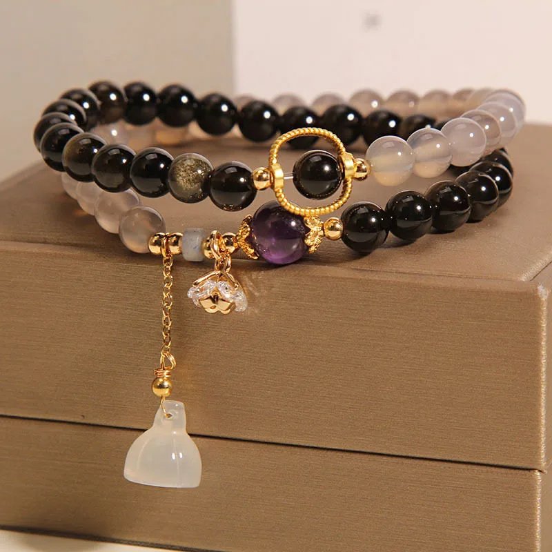 Natural gray agate double circle crystal bracelet for women, Korean version, fashionable and versatile, gold obsidian bracelet, lotus pendant bracelet