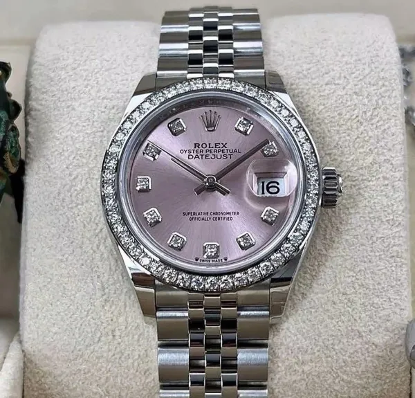 Rolex Oyster Perpetual Datejust Pink Dial Diamond Bezel Mechanical Watch - 1