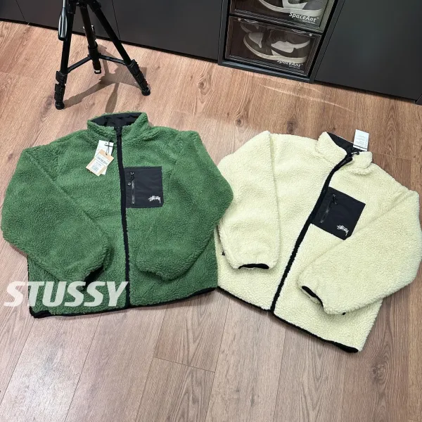 Stussy 8-Ball Sherpa Fleece Jacket Beige/Green Outerwear - 3