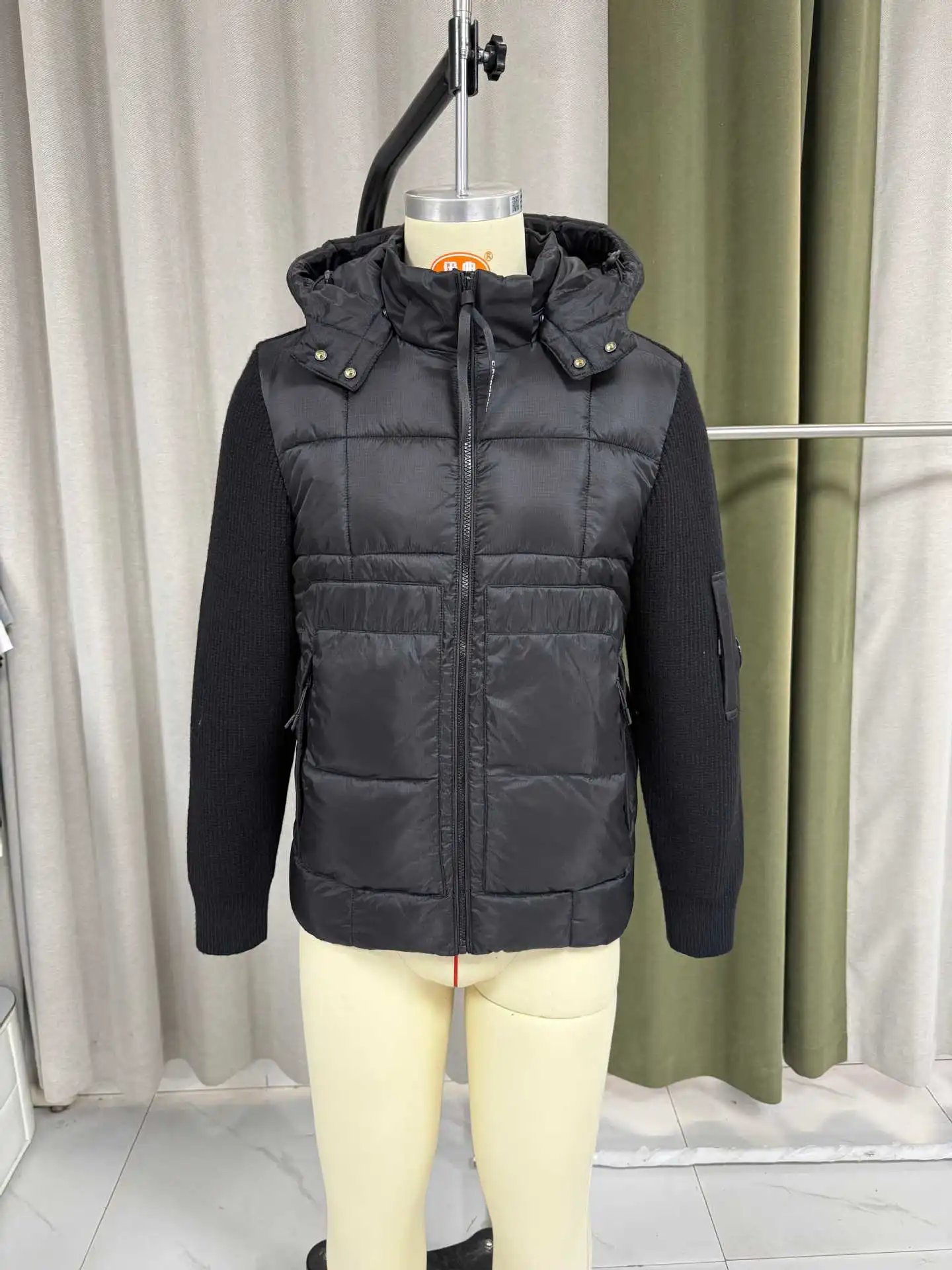 Black Transparent Lens Pocket Knit Hooded Quilted Jacket photo 7