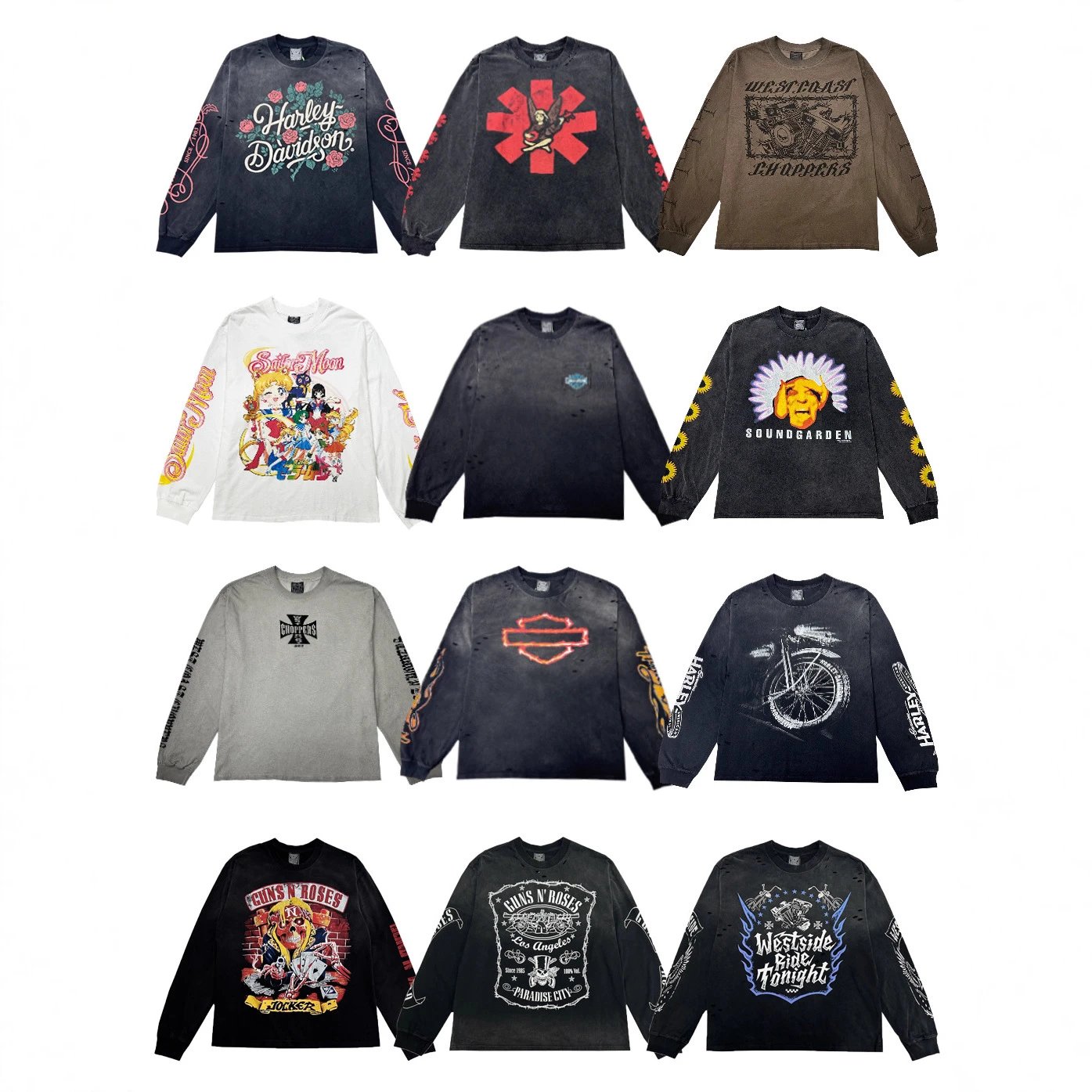 Long-Sleeved Distressed Loose-Fitting Trendy T-Shirt