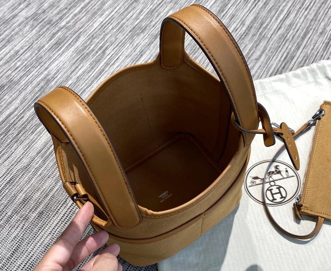 H家手拎包 Picotin lock 菜篮子 18cm 进口牛皮水桶包 爱玛仕H家帆布菜篮子手提包  10