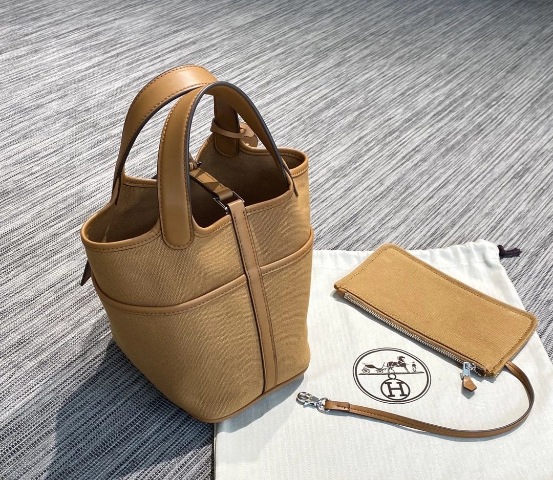H家手拎包 Picotin lock 菜篮子 18cm 进口牛皮水桶包 爱玛仕H家帆布菜篮子手提包  3