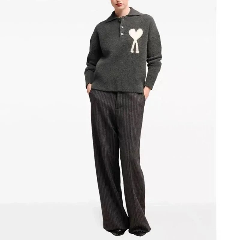 Knitted Polo Sweater Gray Heart Logo Casual Cardigan