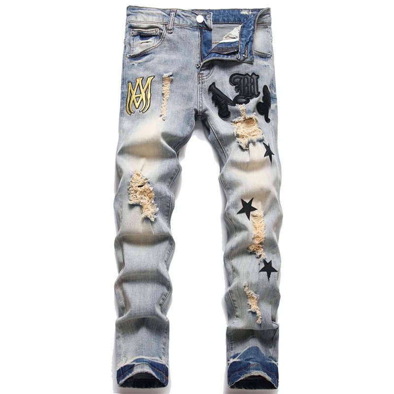 Men's Jeans Ripped Patchwork Embroidered Slim Fit Stretch Straight Leg Jeans