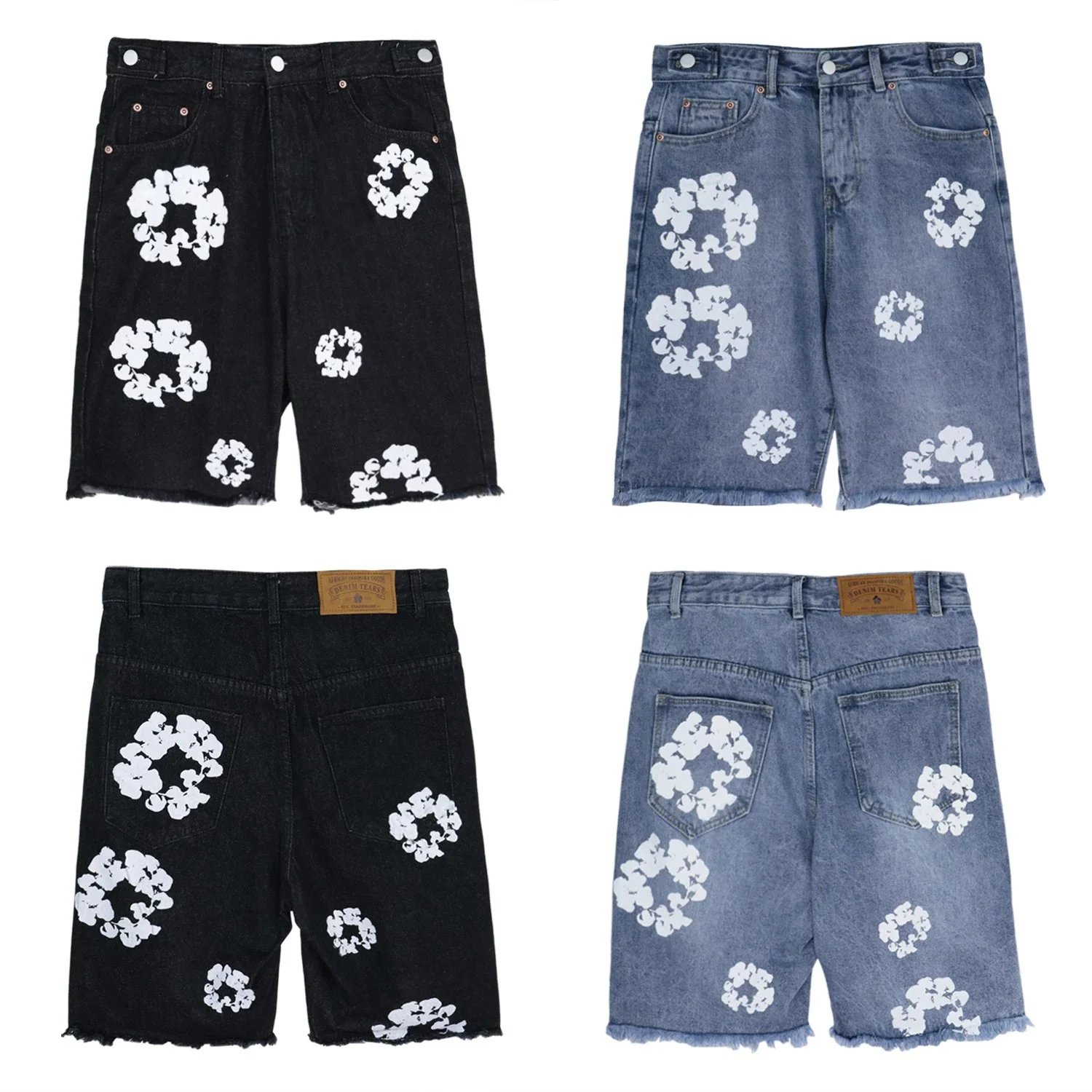 Denim Shorts Blue Black Floral Print Distressed