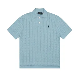 thumbnail for POLO collar knitted short-sleeved T-shirt with a small cable knit pattern.