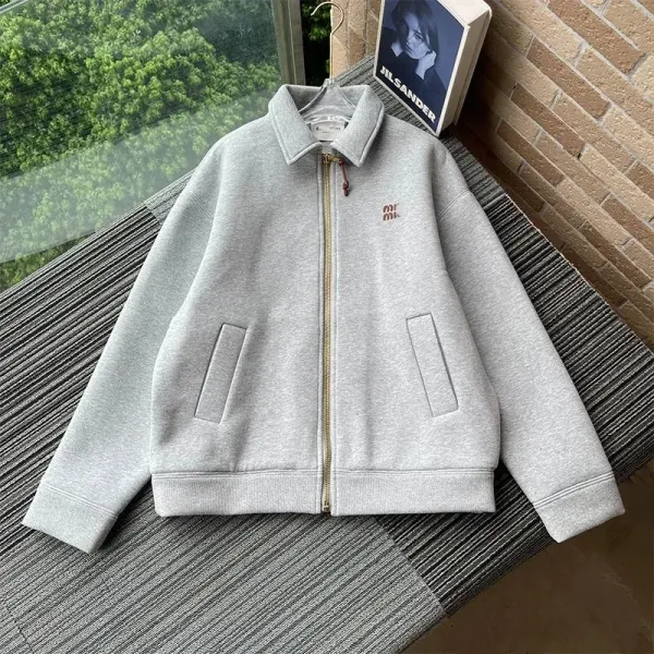 Miu Miu Logo-Embroidered Gray Zip-Up Jacket - 1