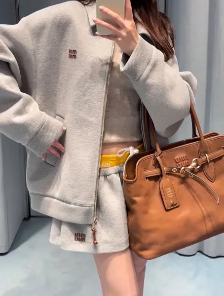 Miu Miu Logo-Embroidered Gray Zip-Up Jacket - 10