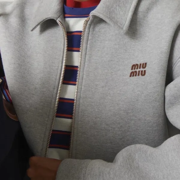 Miu Miu Logo-Embroidered Gray Zip-Up Jacket - 11