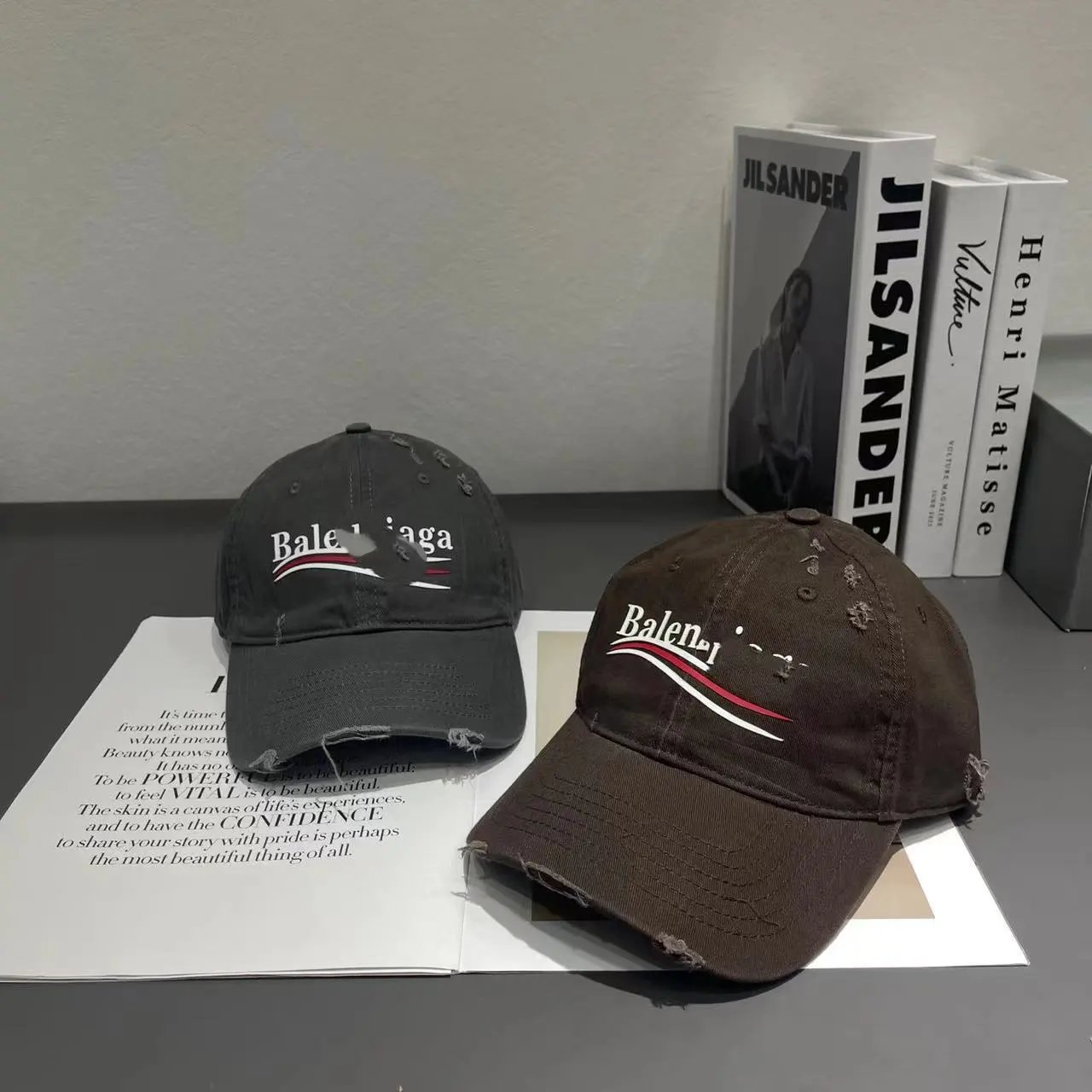 Balenciaga Distressed Logo Baseball Cap Off White Gray Olive Brown