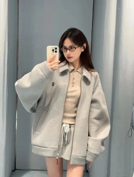 Miu Miu Logo-Embroidered Gray Zip-Up Jacket - 12