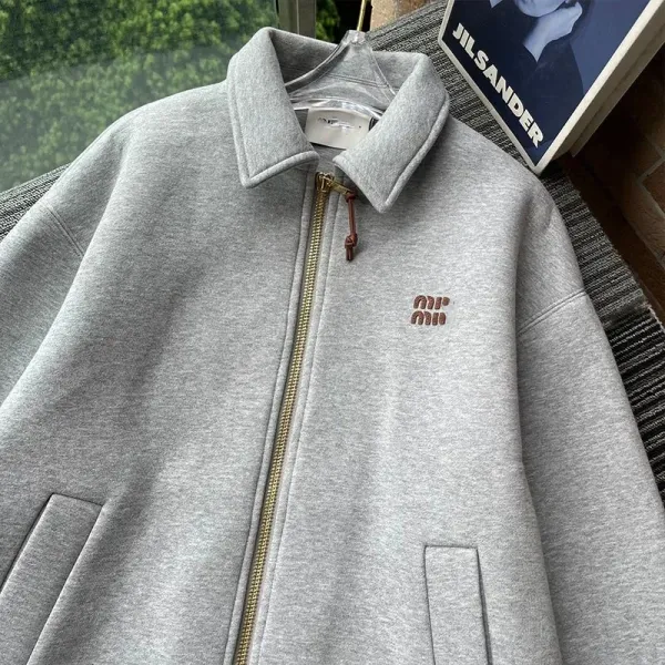 Miu Miu Logo-Embroidered Gray Zip-Up Jacket - 7