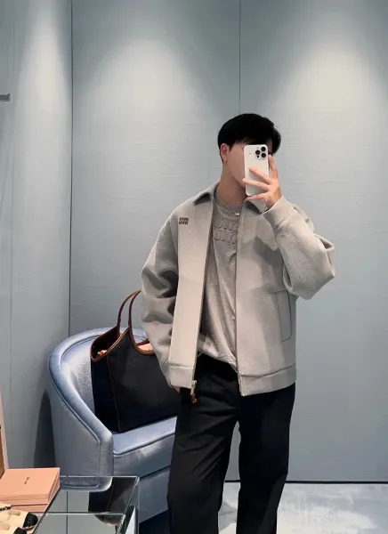 Miu Miu Logo-Embroidered Gray Zip-Up Jacket - 8