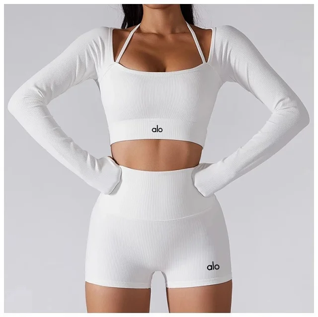 Alo Matching Sets Ribbed long-sleeve crop top with high-waisted shorts product detail image 13