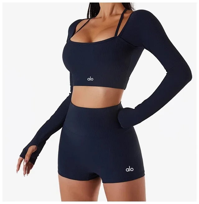 Alo Matching Sets Ribbed long-sleeve crop top with high-waisted shorts product detail image 24