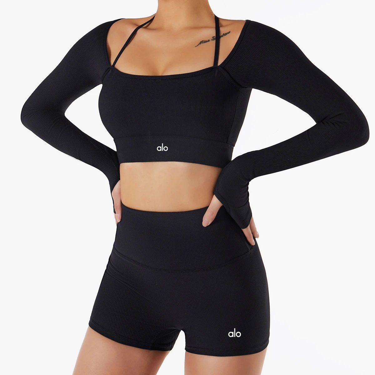Alo Matching Sets Ribbed long-sleeve crop top with high-waisted shorts image 3