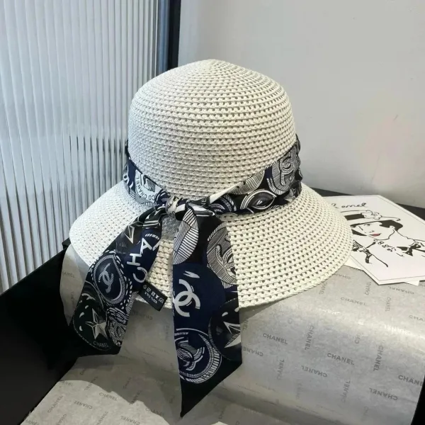 Chanel Woven Straw Hat with Silk Scarf Band in Navy and White - 1