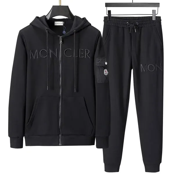 Moncler Embroidered Logo Hoodie and Sweatpants Set Black Tracksuit - 1