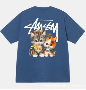 Stussy Blue Cat Graphic Cotton T-Shirt Vintage Unisex