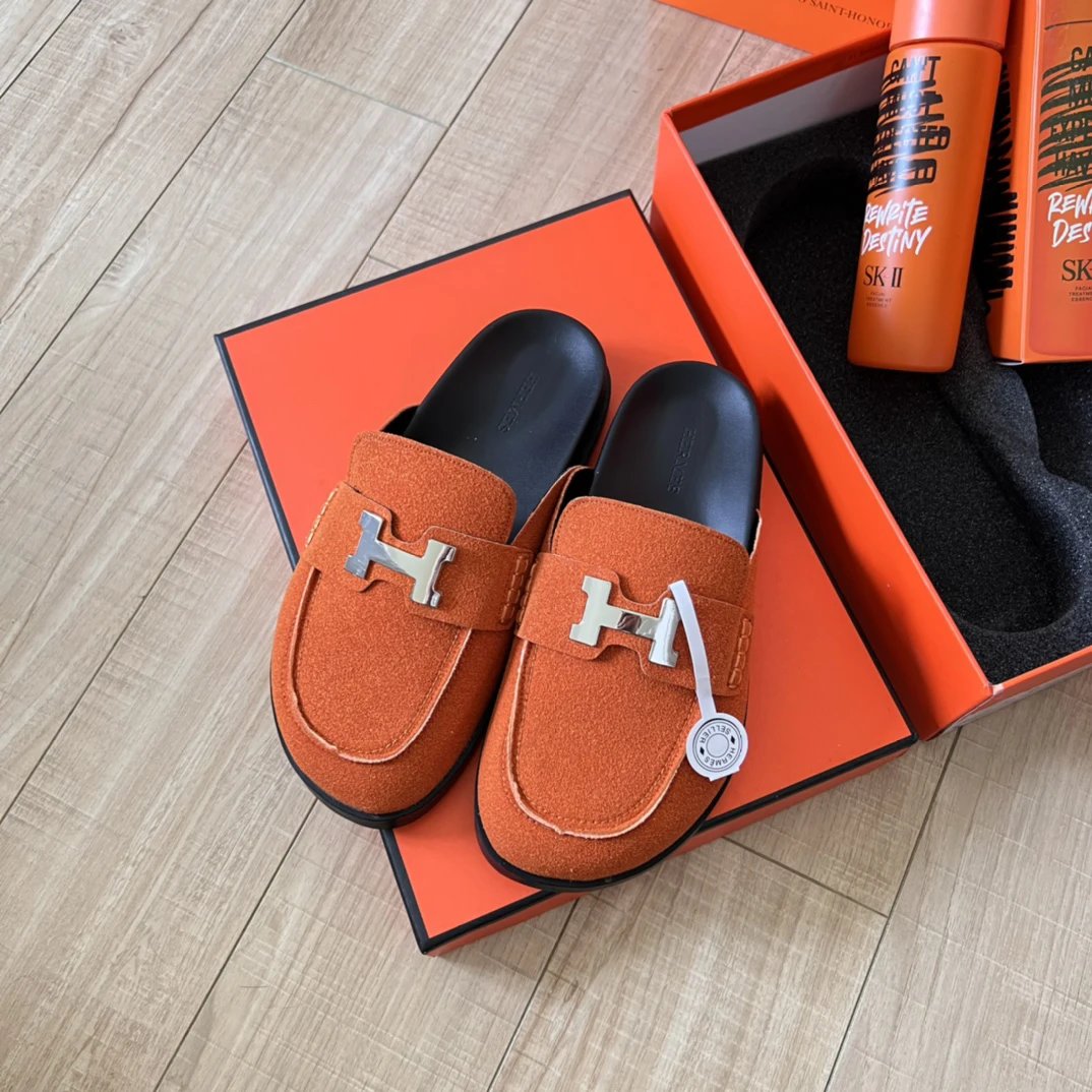 Hermes Orange H Buckle Suede Mule Loafers Unisex Slides