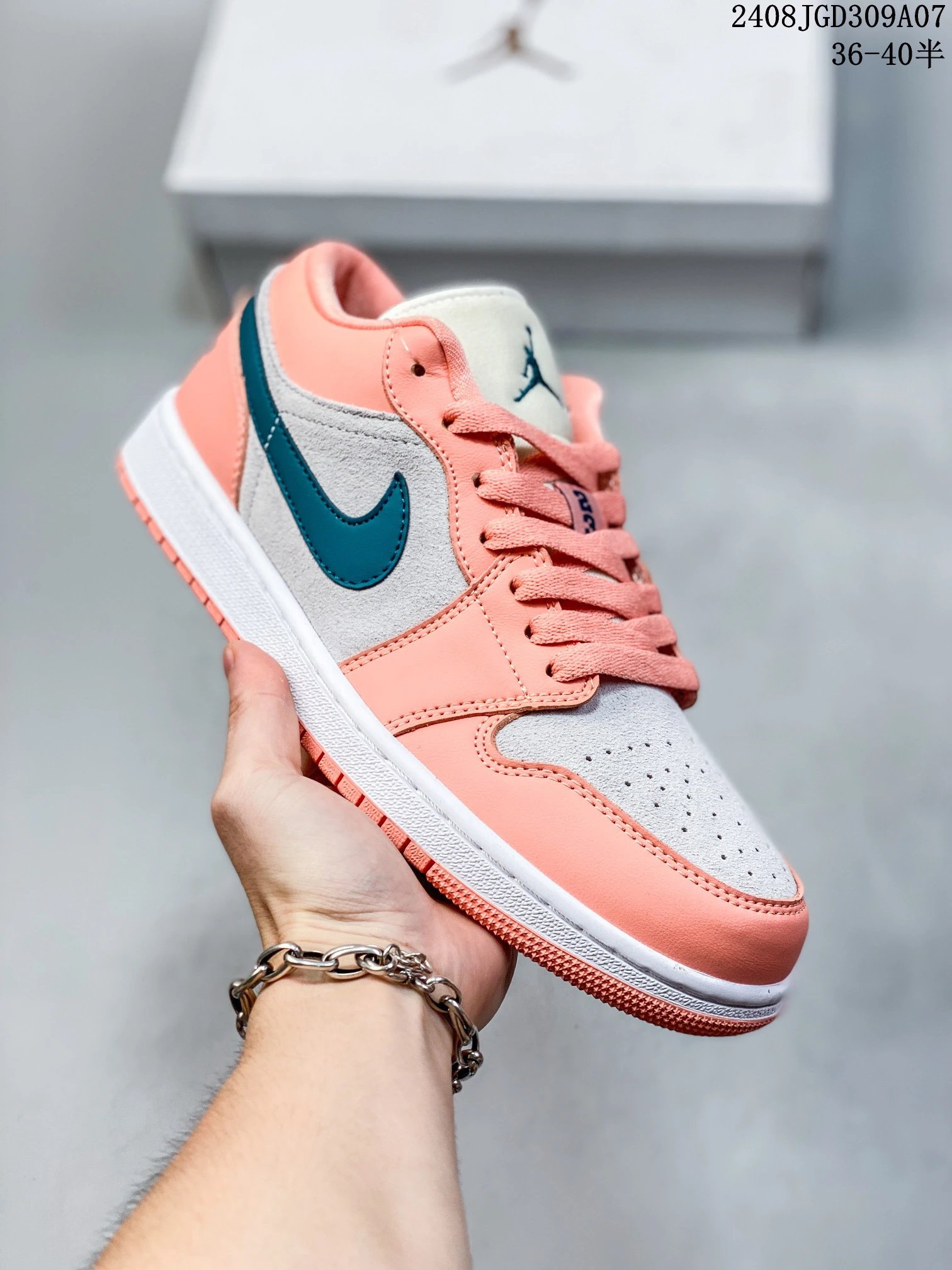 Air Jordan AJ1 Low Coral Pink Suede Blue Swoosh Sneakers