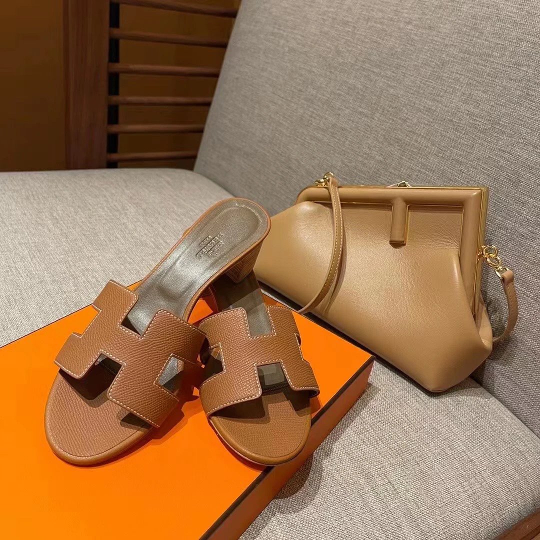 Hermes Brown H Buckle Pebbled Heeled Slides Women