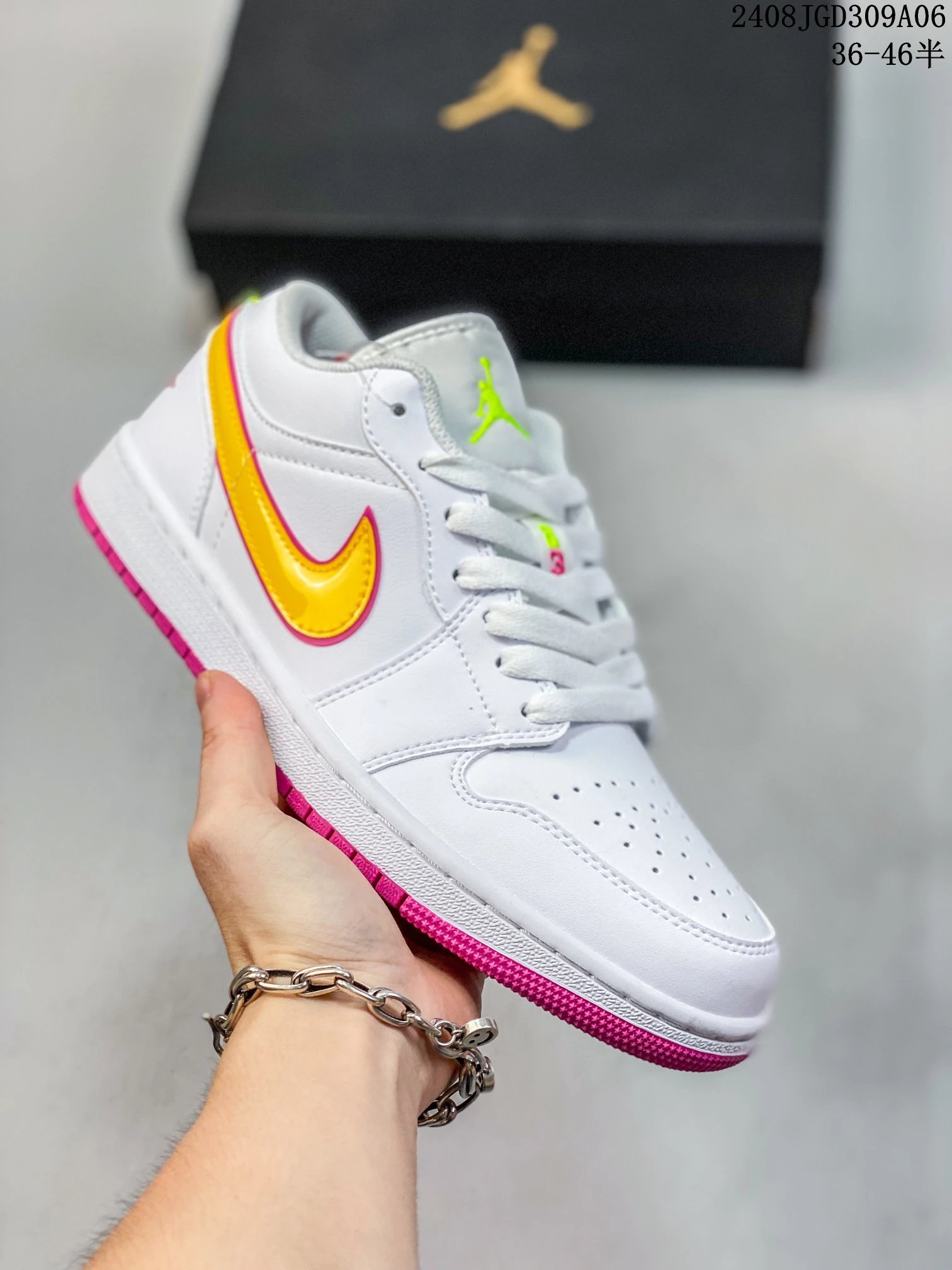 Air Jordan AJ1 Low White Yellow Pink Leather Sneakers