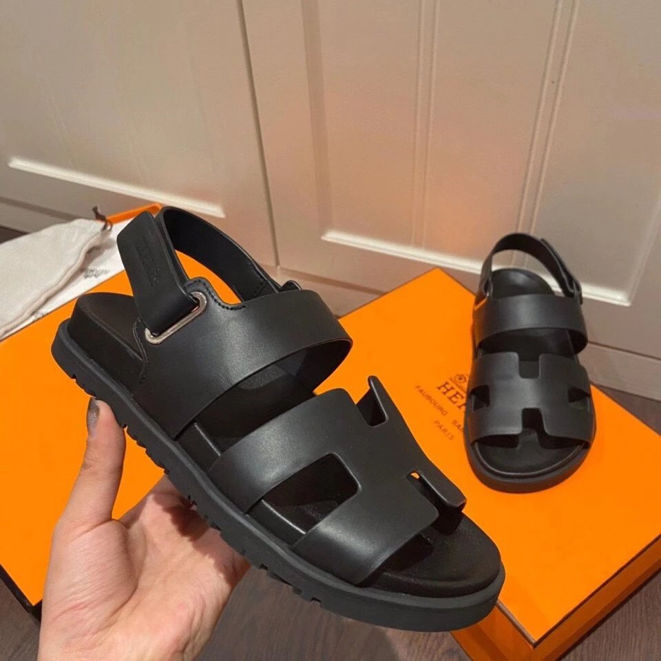 Hermes Black Chypre Leather H Strap Sandals Unisex
