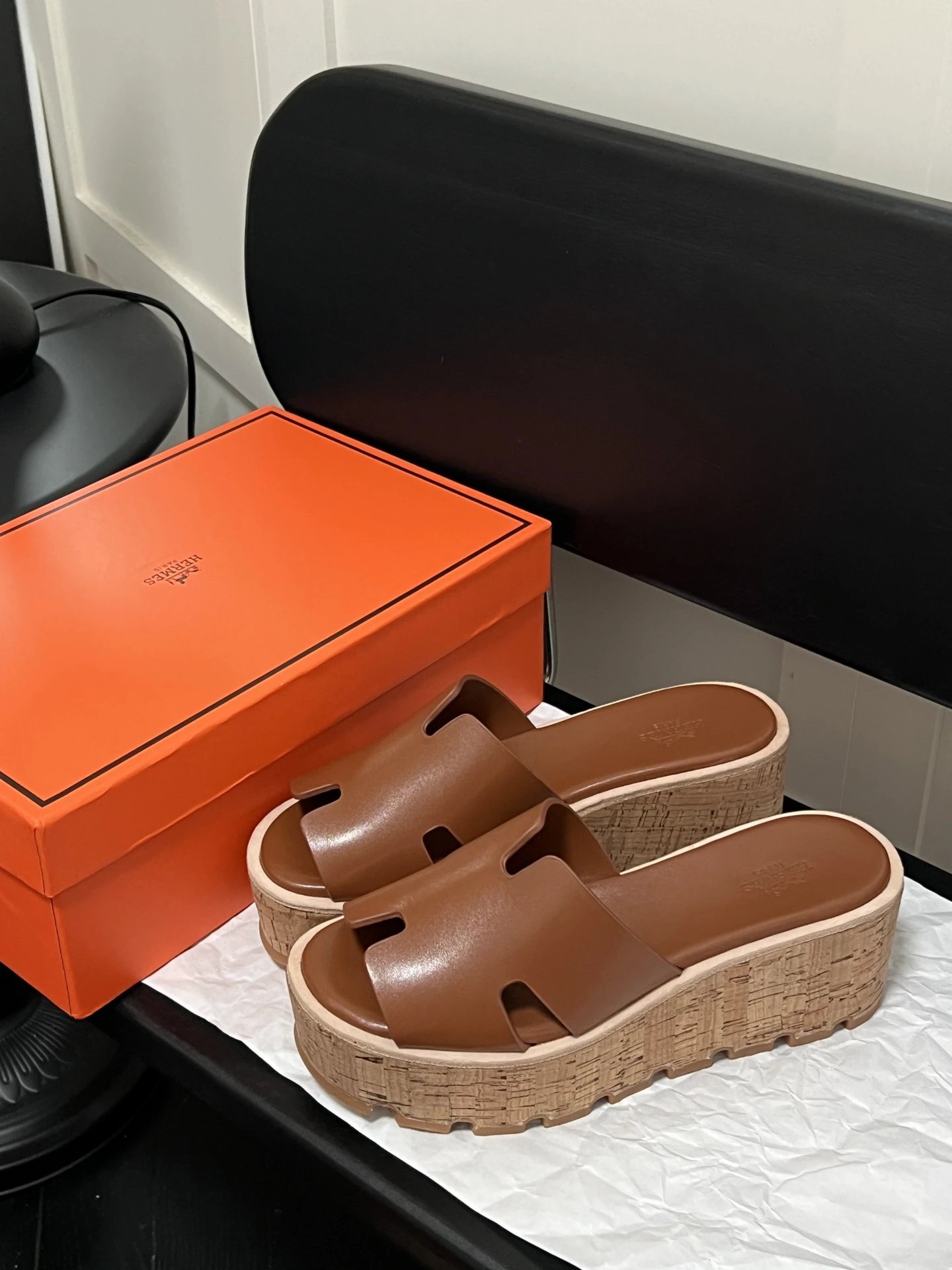 Hermes Brown H Cork Wedge Platform Slide Sandals