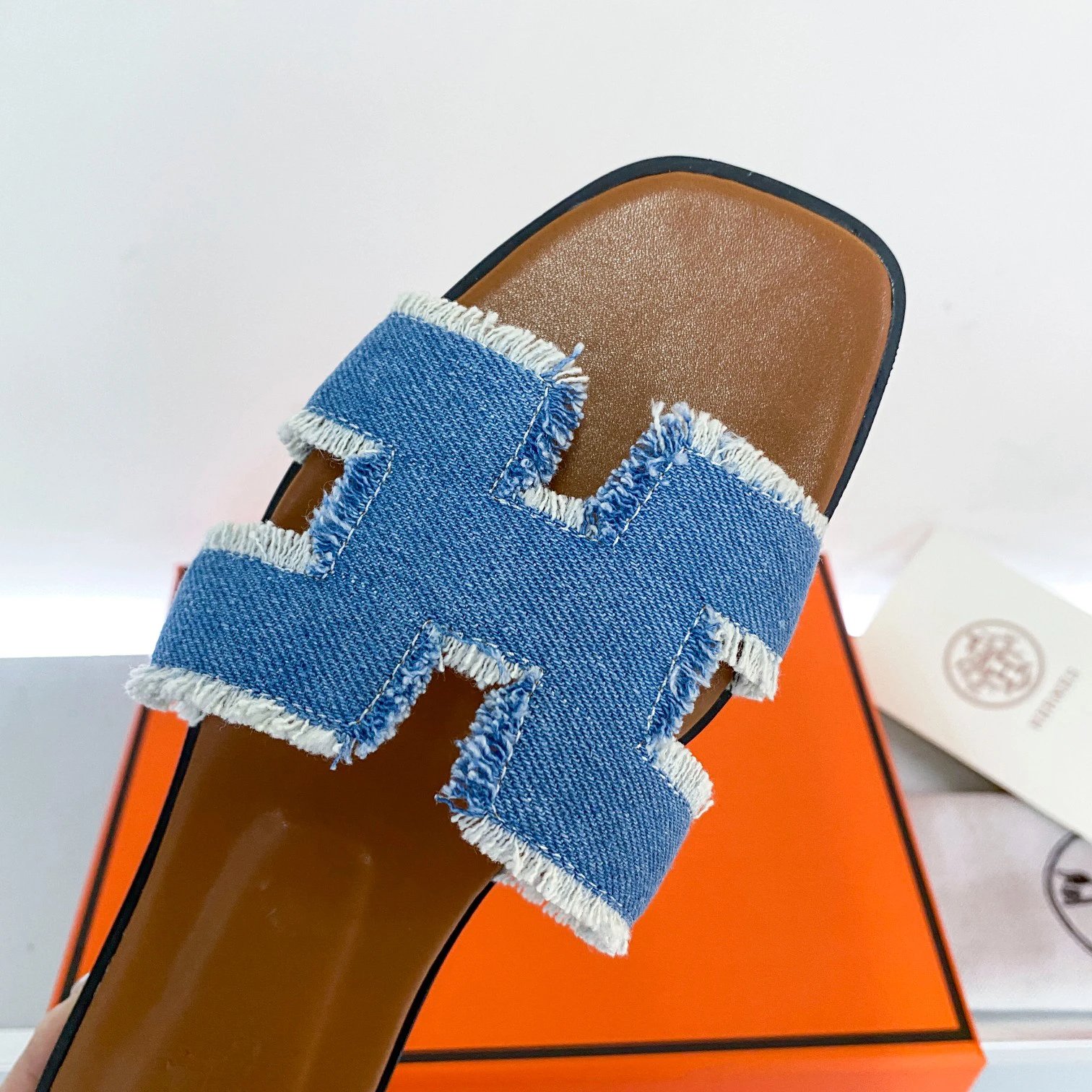 Hermes Blue Denim H Slide Sandals Womens Resort Slippers
