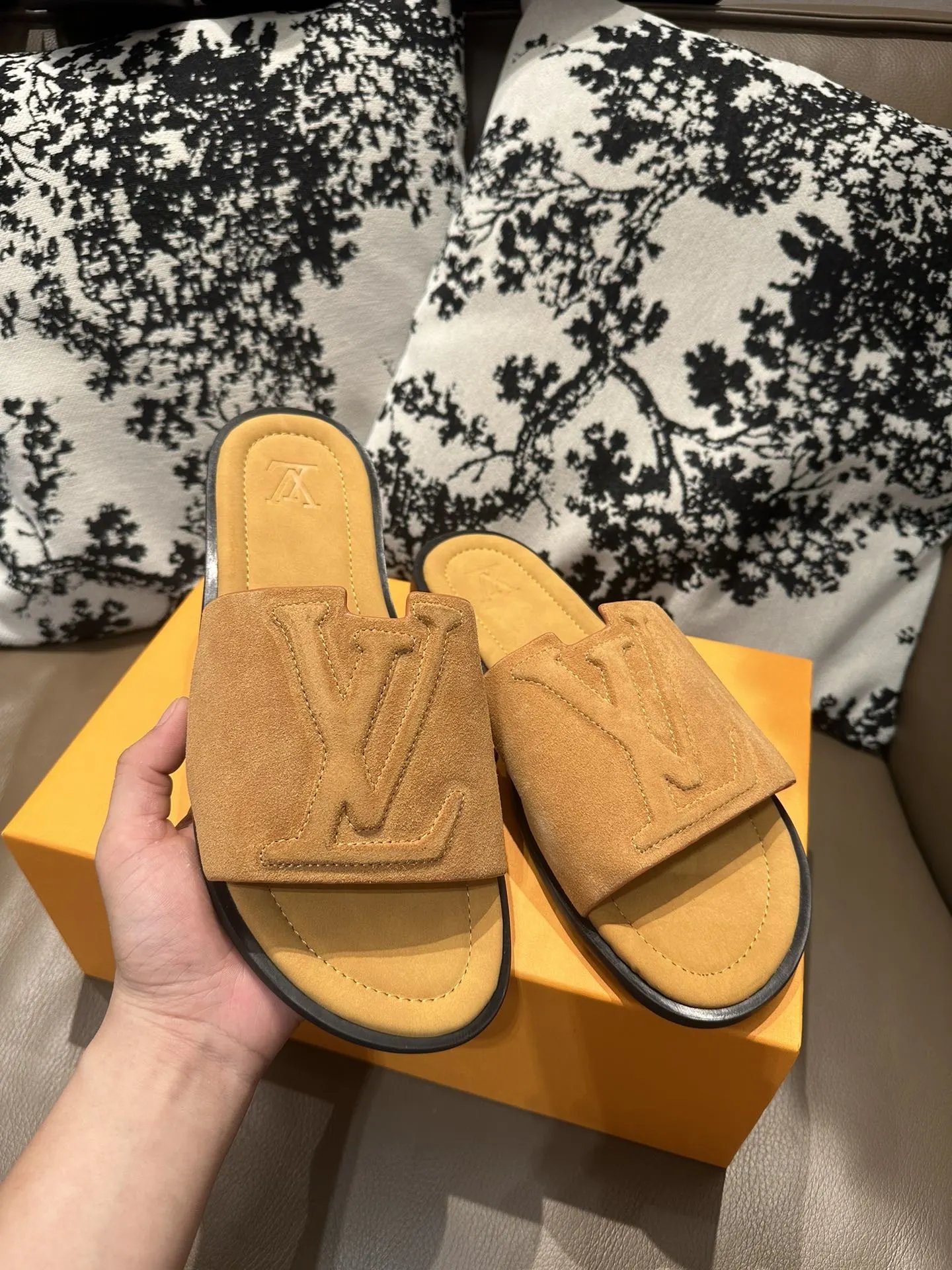 Louis Vuitton Camel Suede LV Slides Sandals