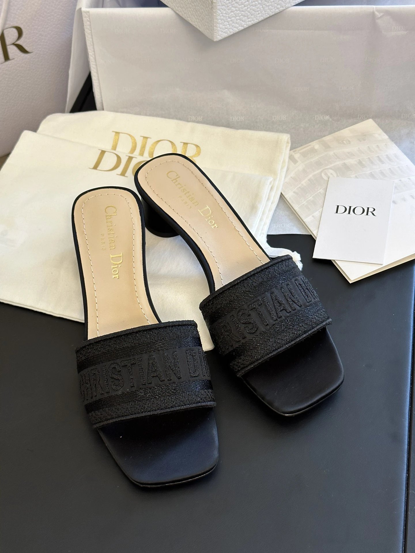 Dior Black Dway Logo Canvas Slide Sandals Square Toe Heels