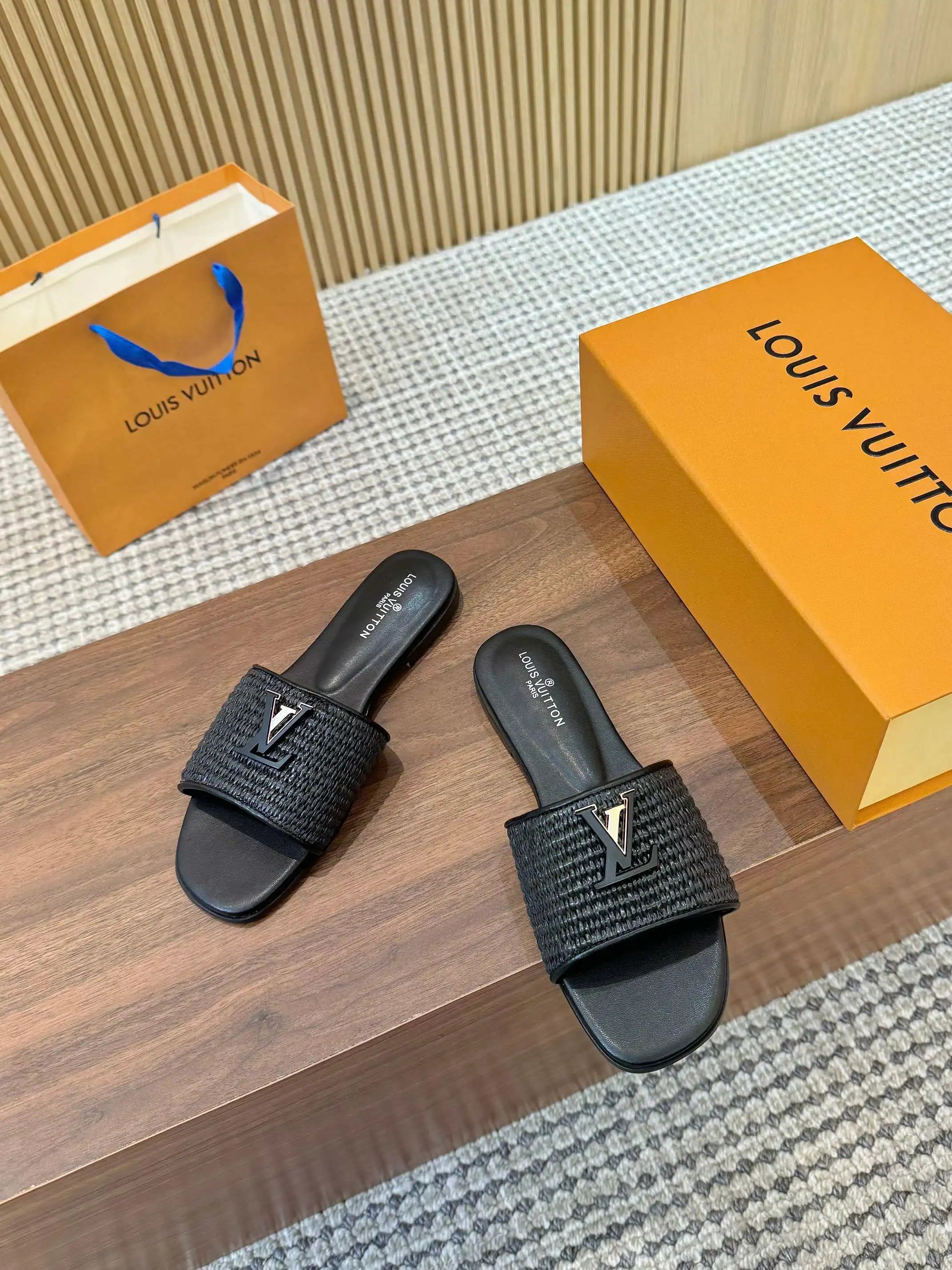 Louis Vuitton Black Woven LV Logo Slide Sandals