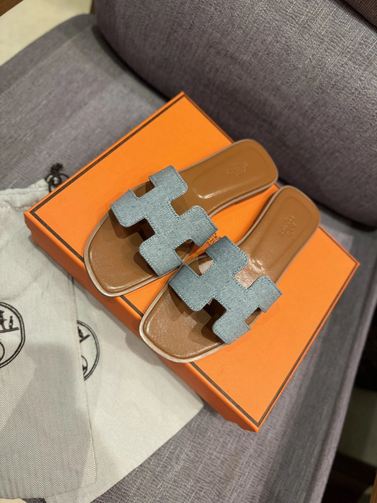 Hermes Oran Light Blue Denim H Sandals Women