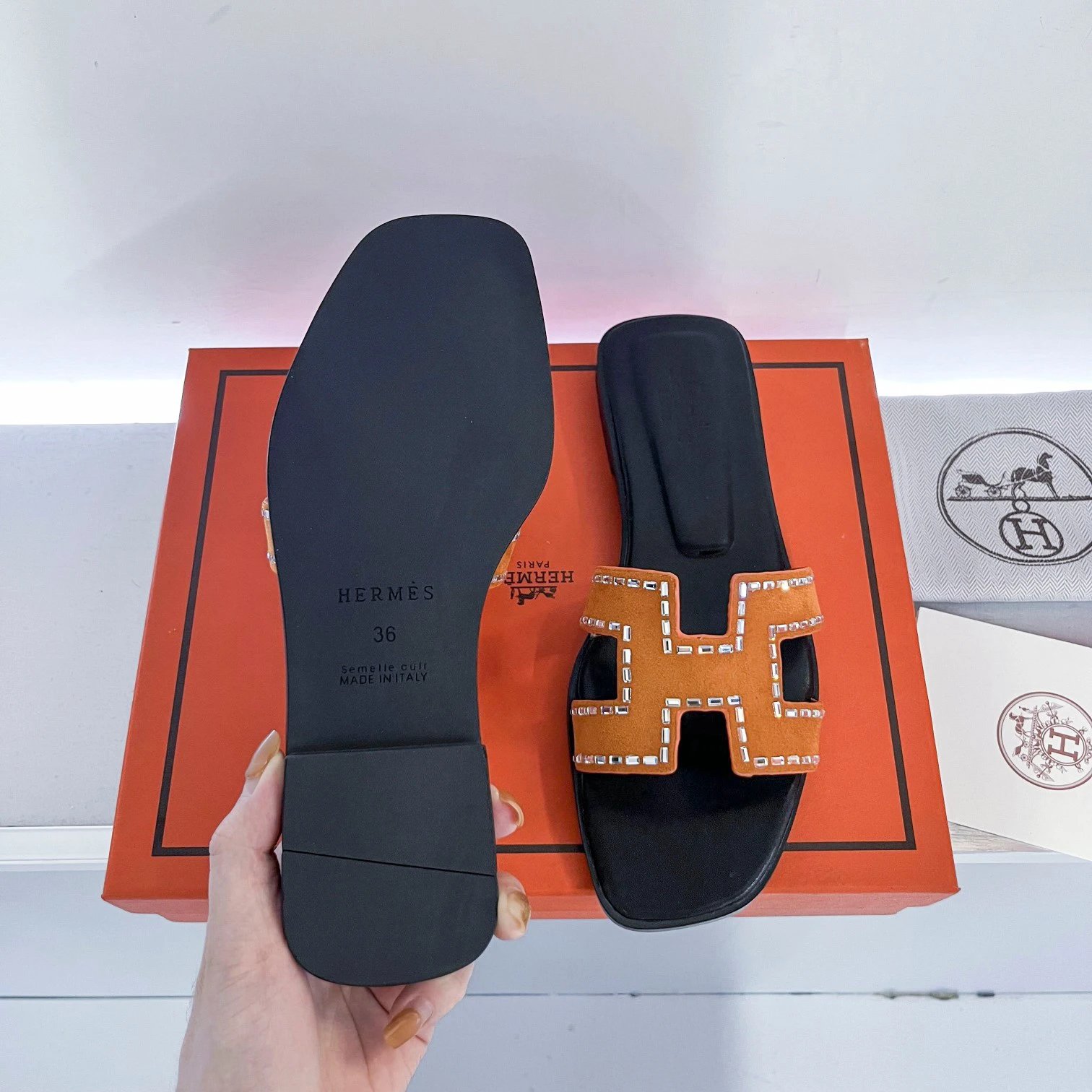 Hermes Oran H Buckle Orange Leather Sandals