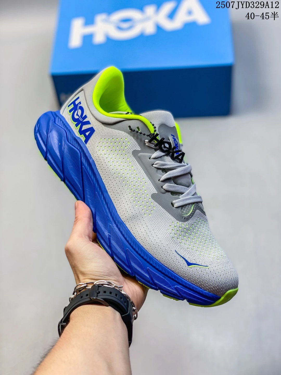 Hoka Grey Blue Neon Green Cushioned Running Shoes