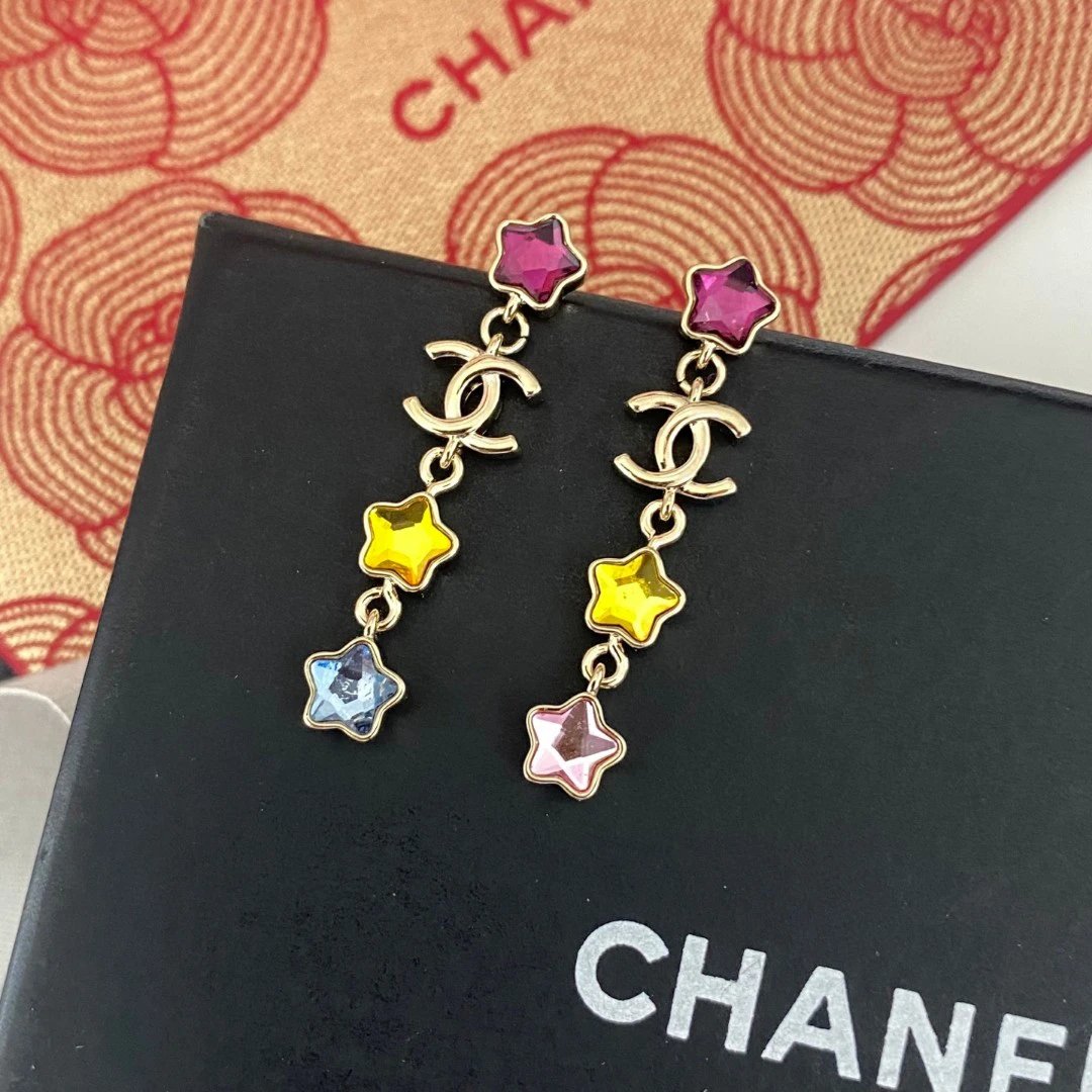 Chanel Gold CC Colorful Star Crystal Drop Earrings