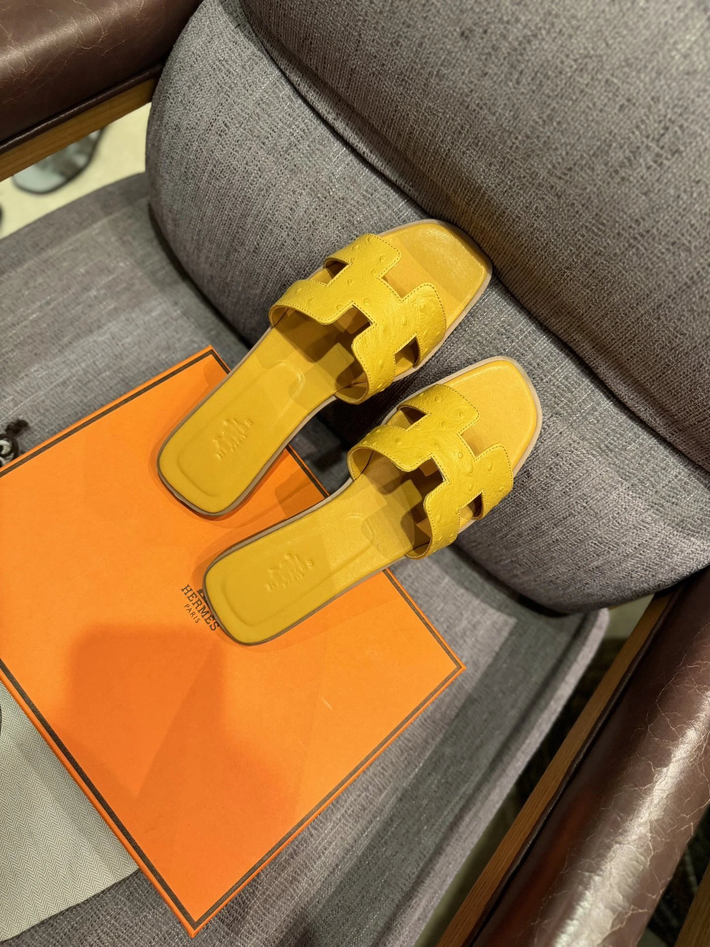 Hermes Oran Yellow H Cutout Leather Slide Sandals