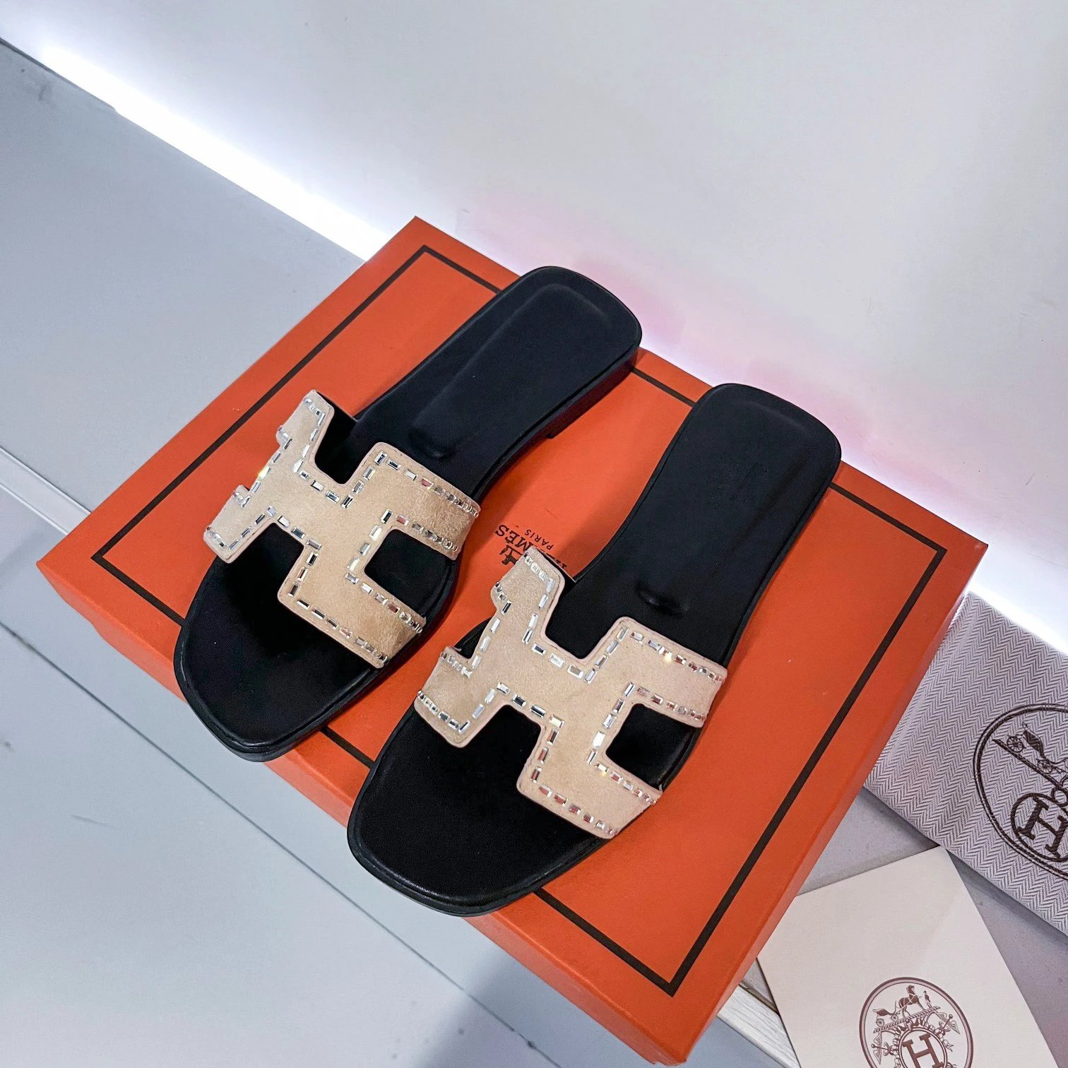Hermes Black Oran Sandals Beige H Strap Summer Slides