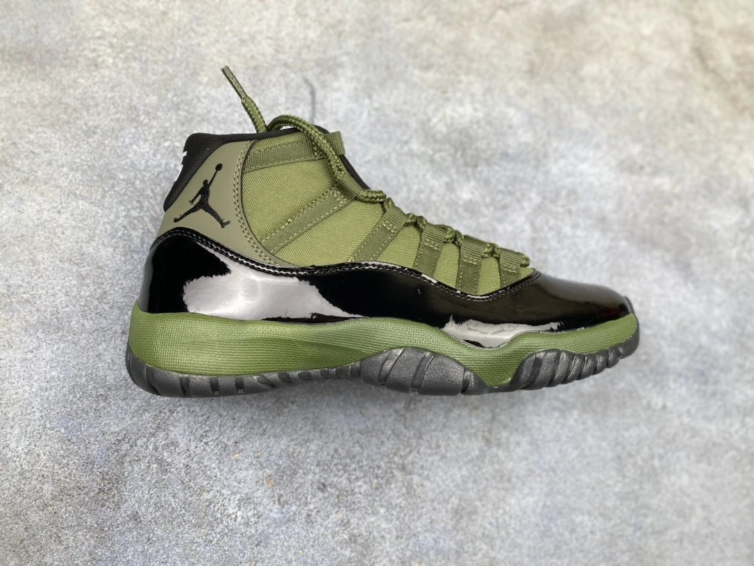 Air Jordan AJ11 Olive Green Black Patent Sneakers