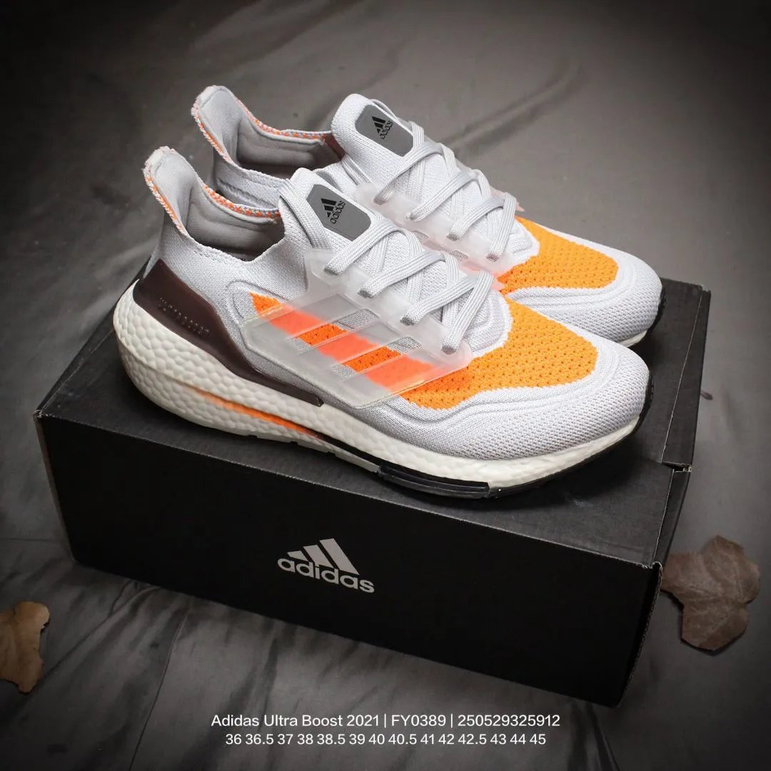 Adidas Ultra Boost 2021 White Orange Primeknit Running Shoes