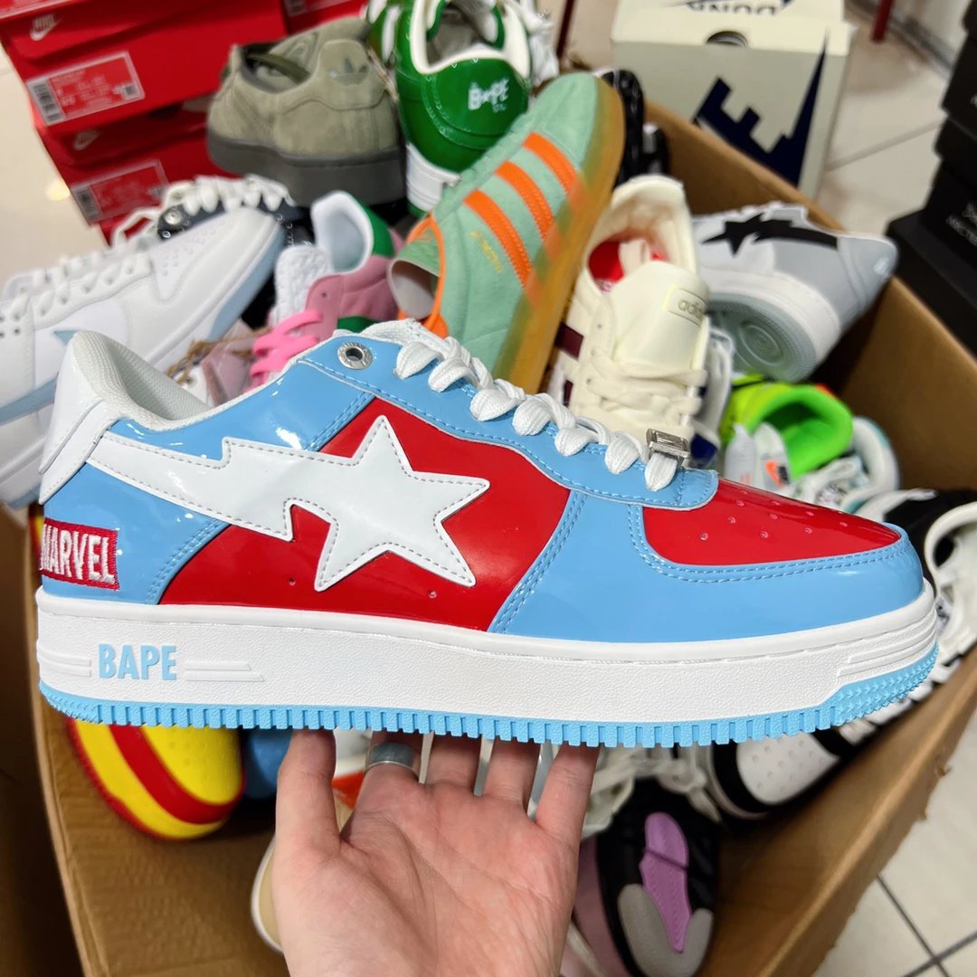 BAPE STA x Marvel Blue Red Patent Low Top Sneakers