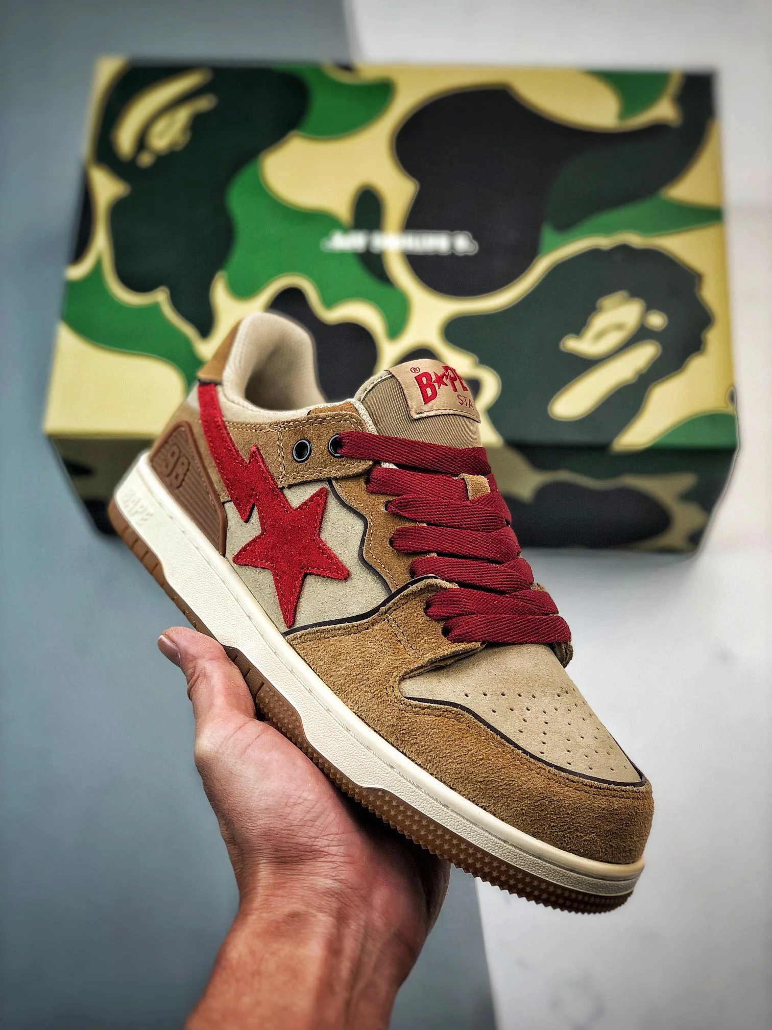 Bape Bapesta Khaki Brown Red Star Suede Low Sneakers