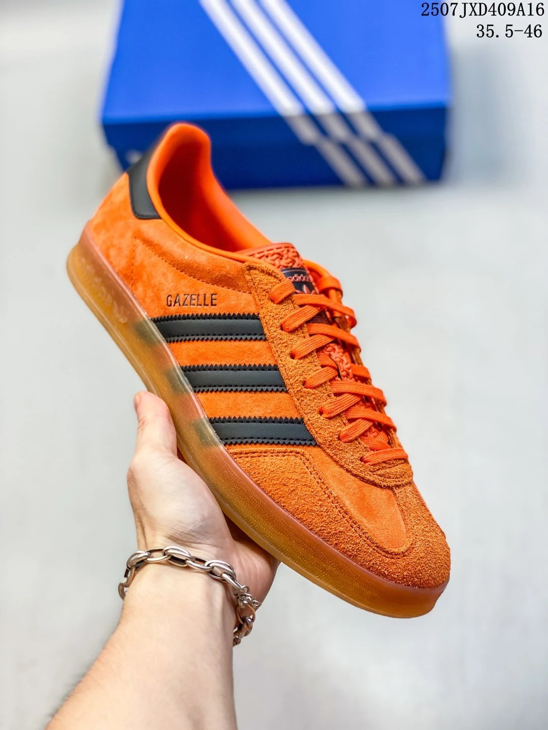 Adidas Gazelle Orange Suede Black 3-Stripes Gum Sneakers